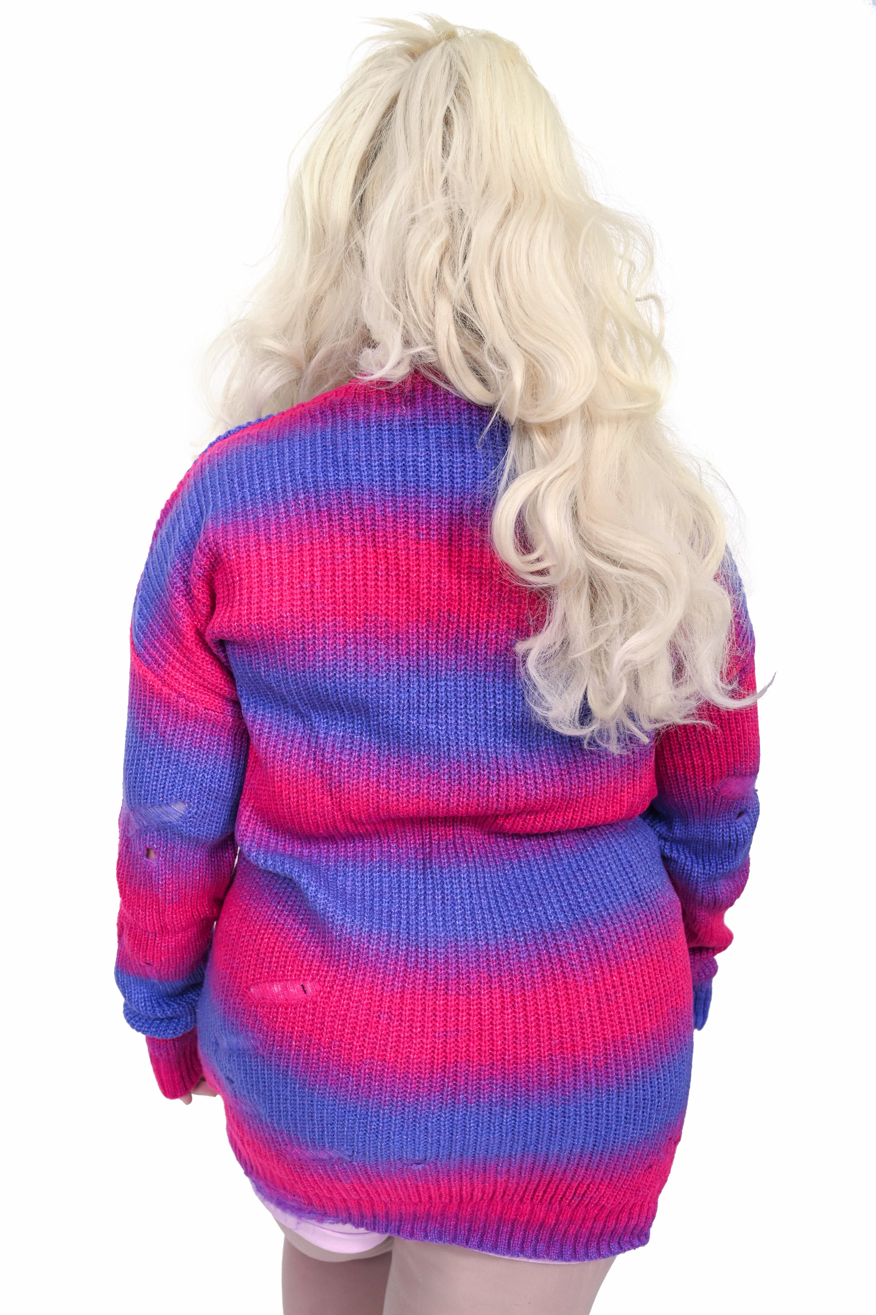 Pink and purple faded gradient striped oversized sweater with a slight distressing