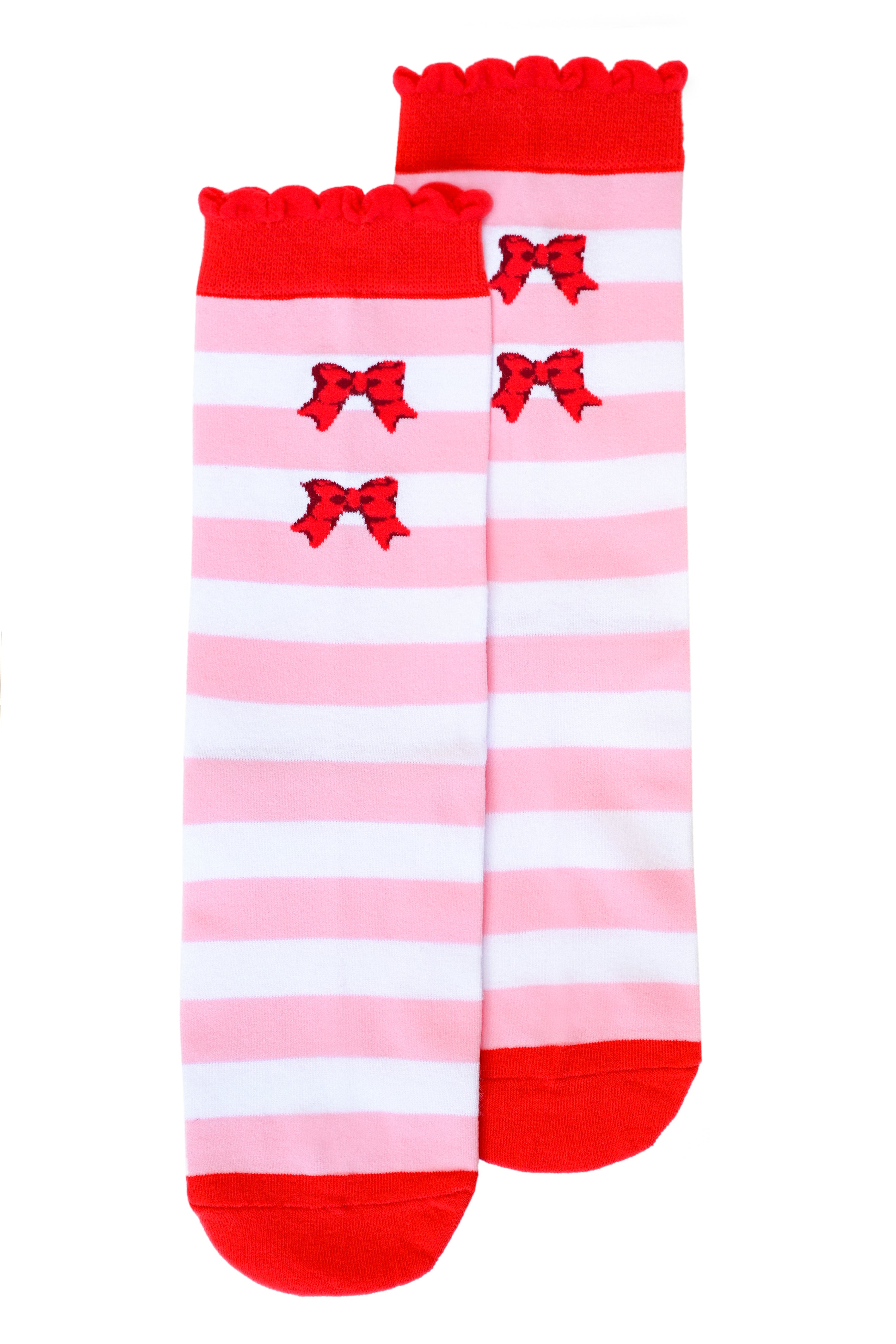Pastel pink and white horizontal striped socks with red ruffle/cuff, toe, and heel. Red bows on the front of the sock.