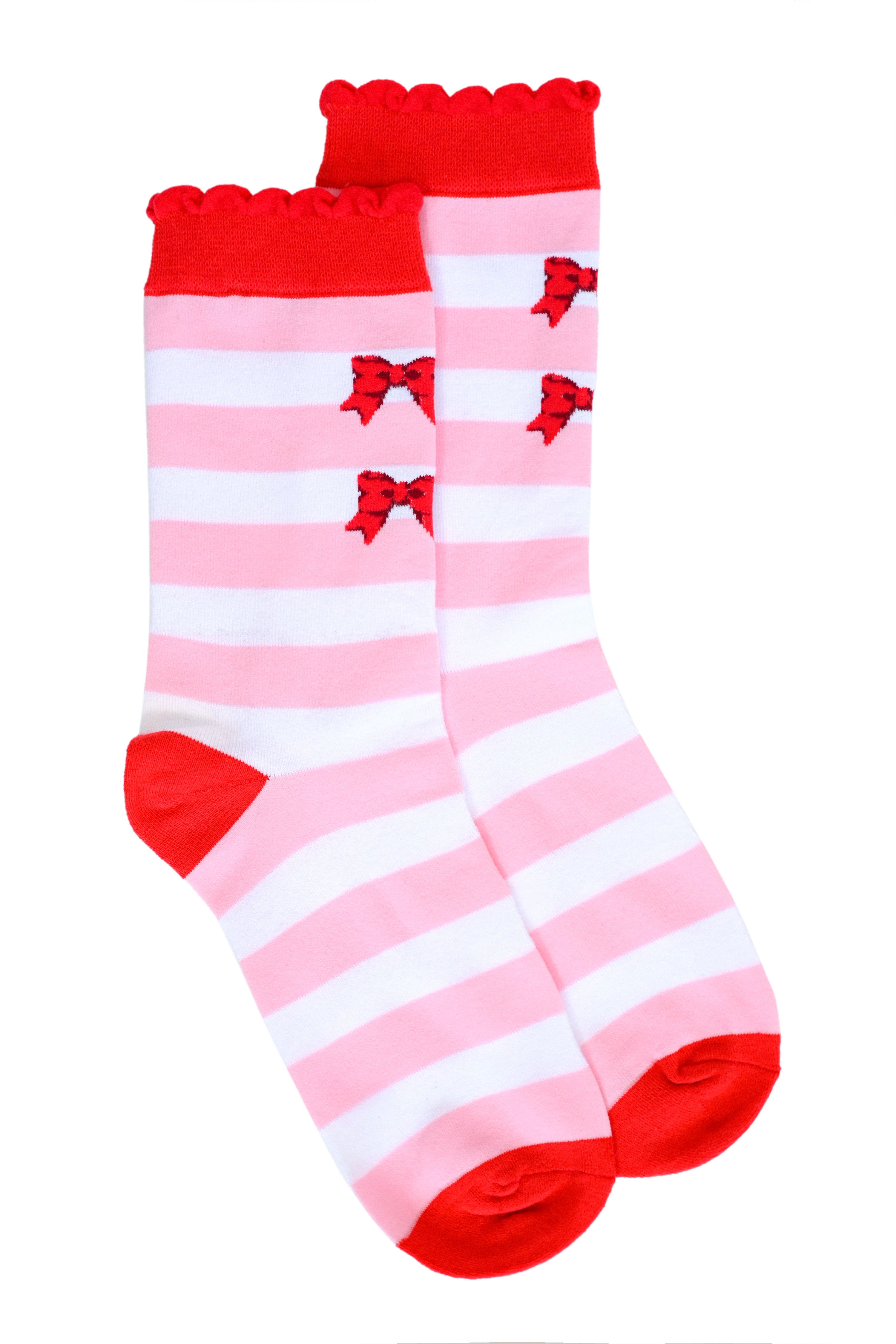Pastel pink and white horizontal striped socks with red ruffle/cuff, toe, and heel. Red bows on the front of the sock.