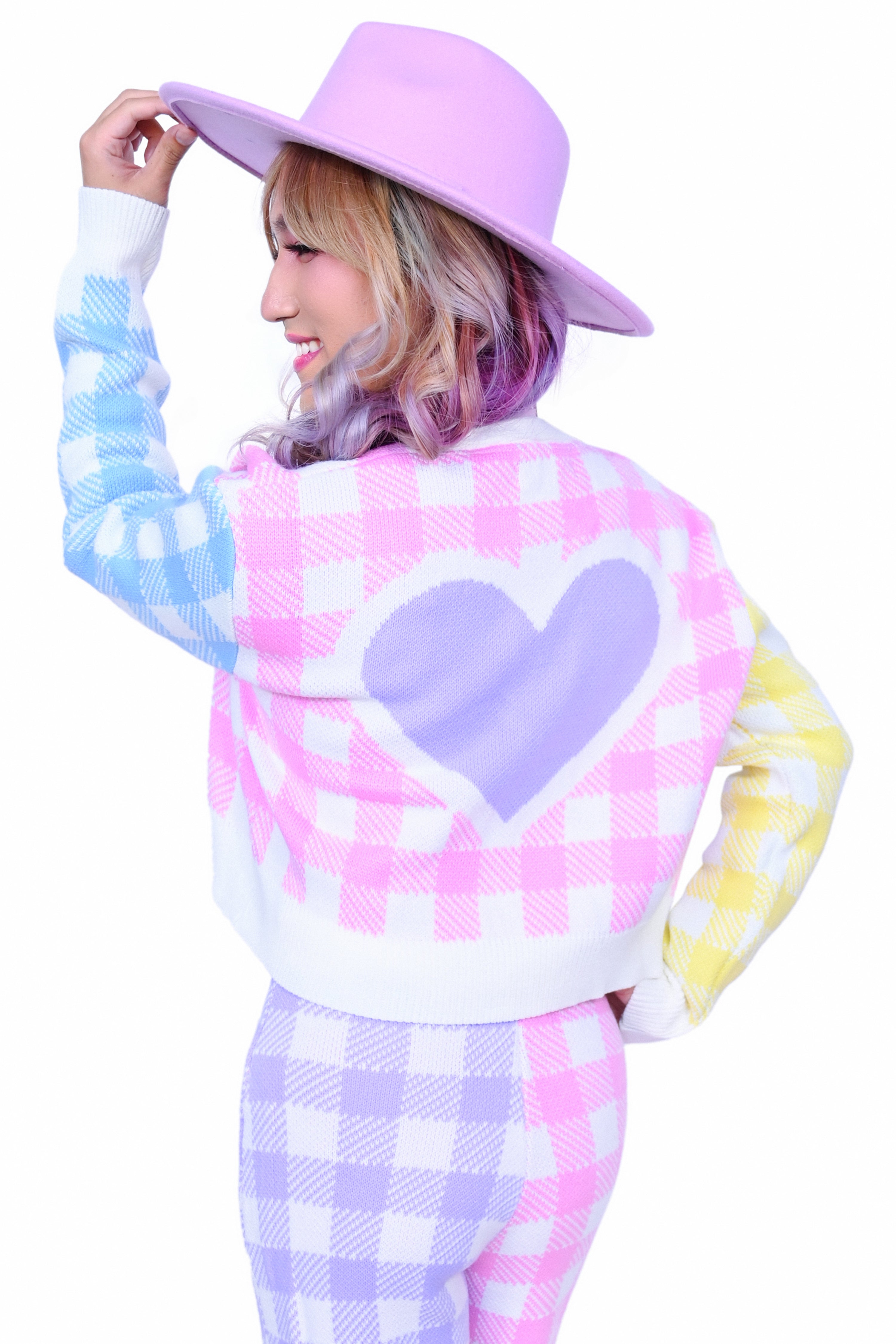 Pastel pink, blue, and yellow gingham cropped cardigan with heart detail on back 