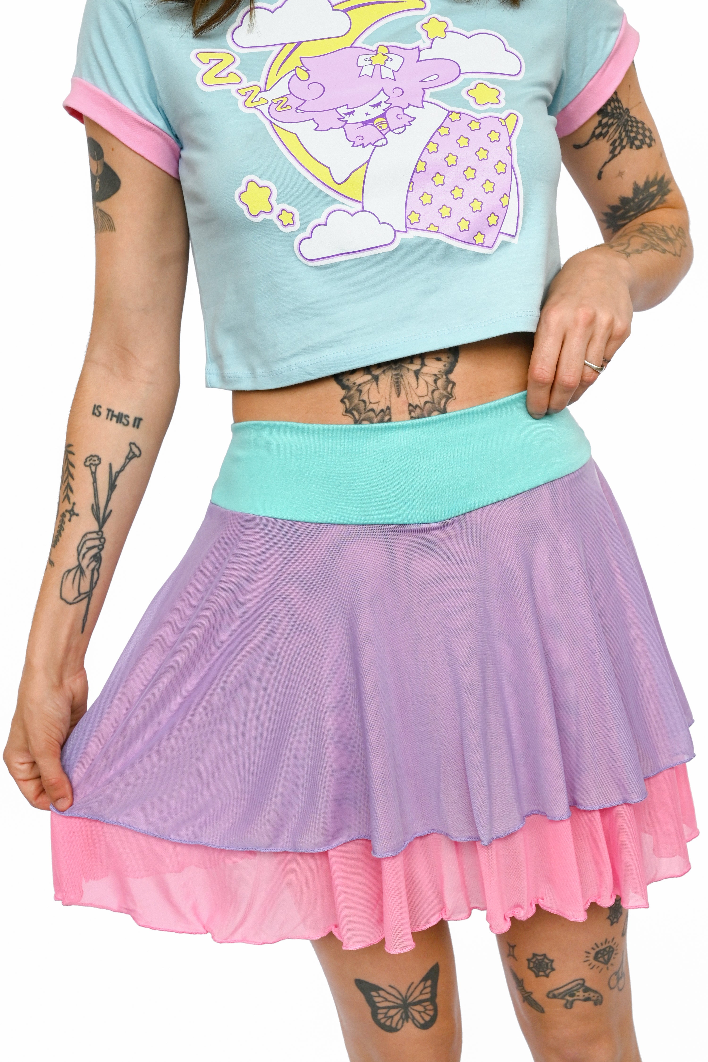 Sheer pink and purple skirt over built in mint shorts