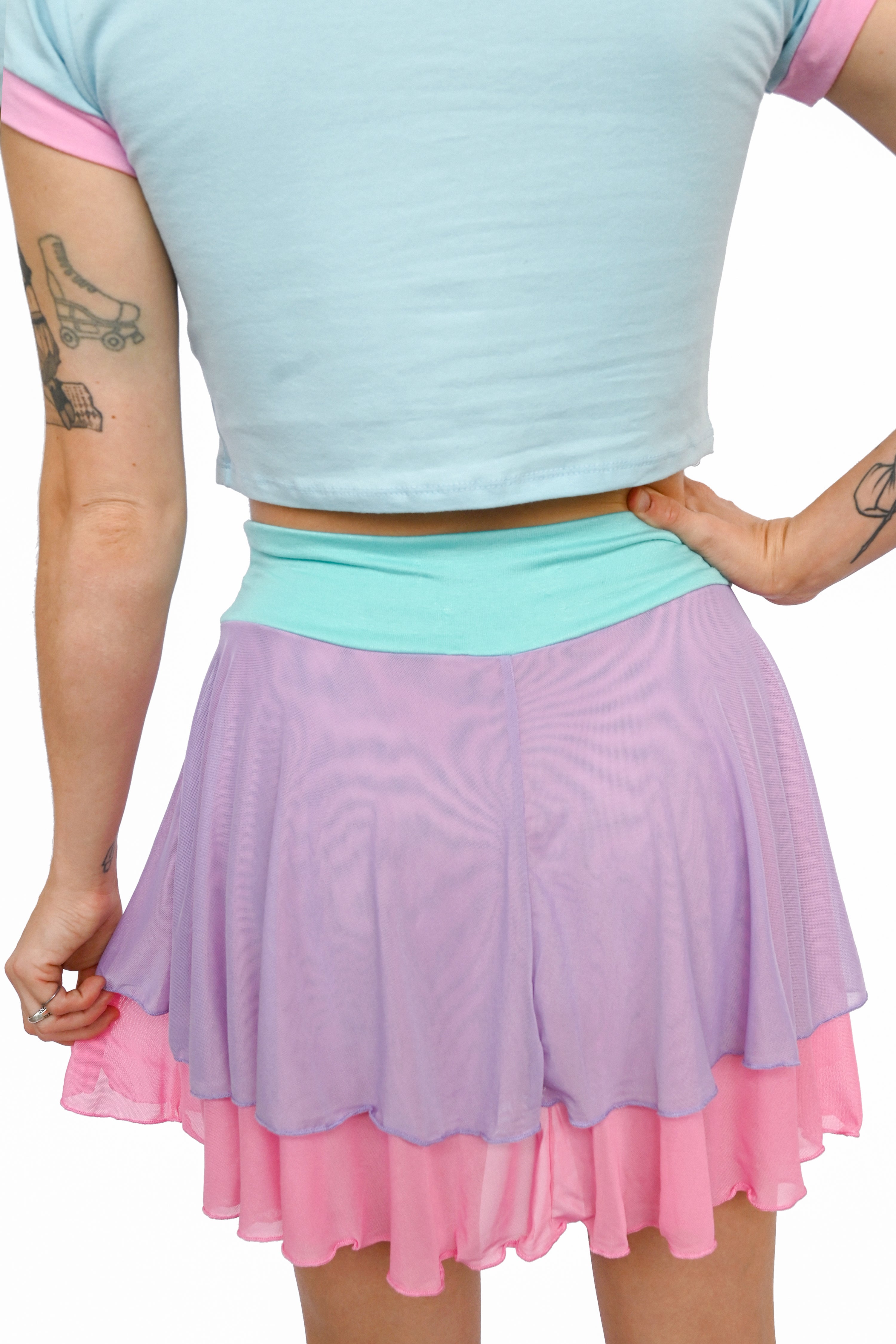 Sheer pink and purple skirt over built in mint shorts