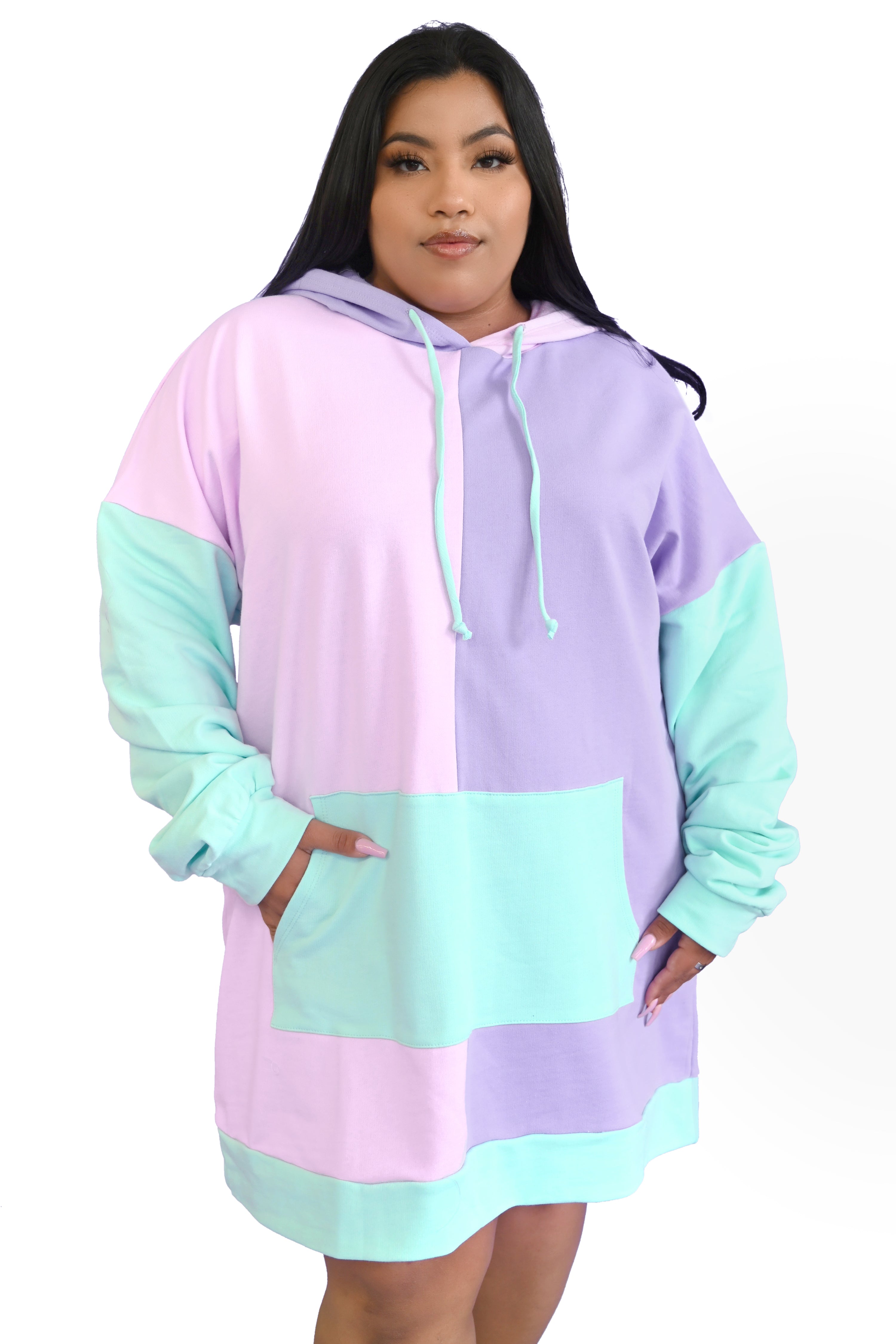 pastel colorblock hoodie in pink, purple, and mint