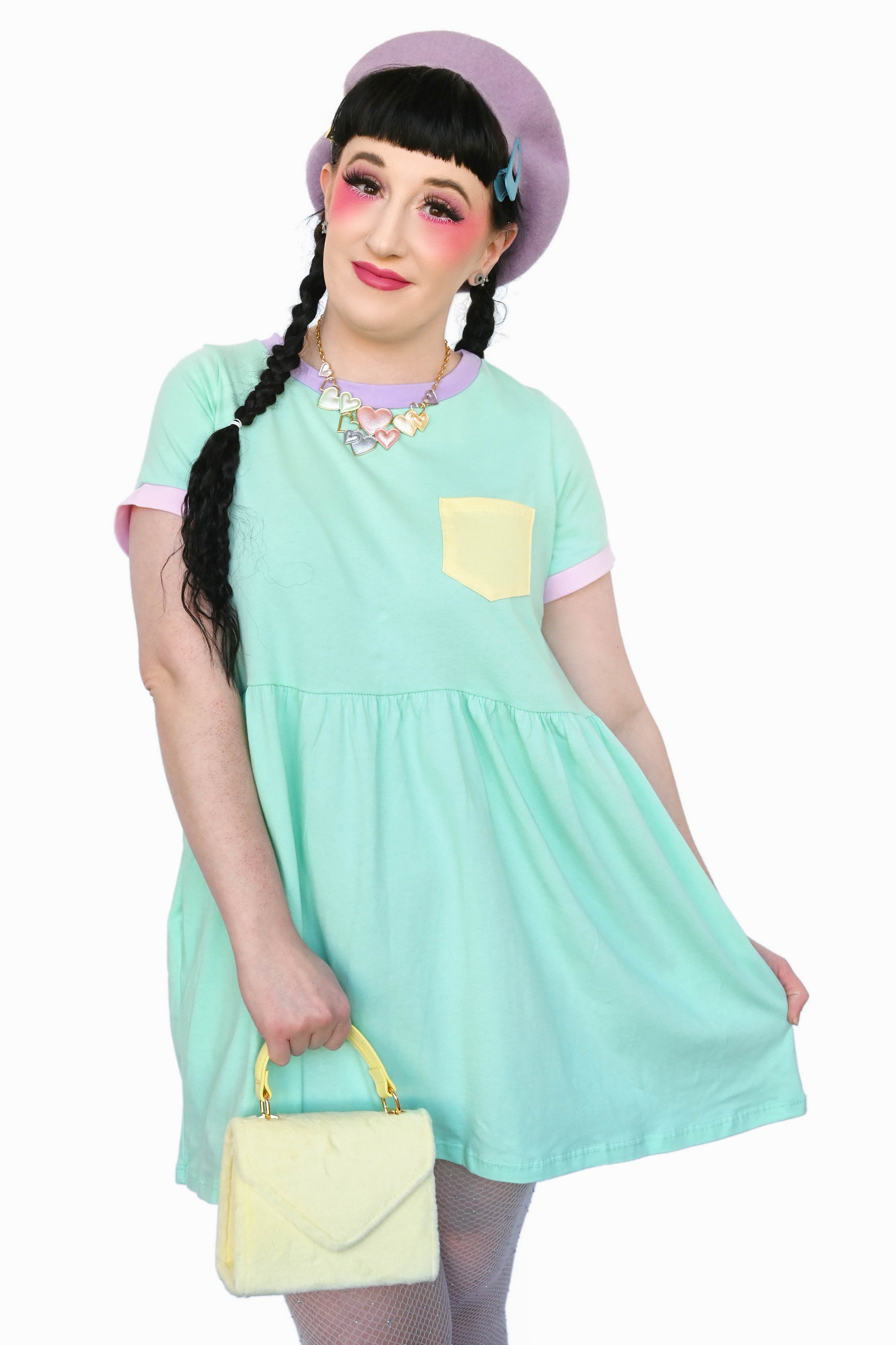 mint t shirt dress with lilac collar, pink cuffs, and yellow lapel pocket