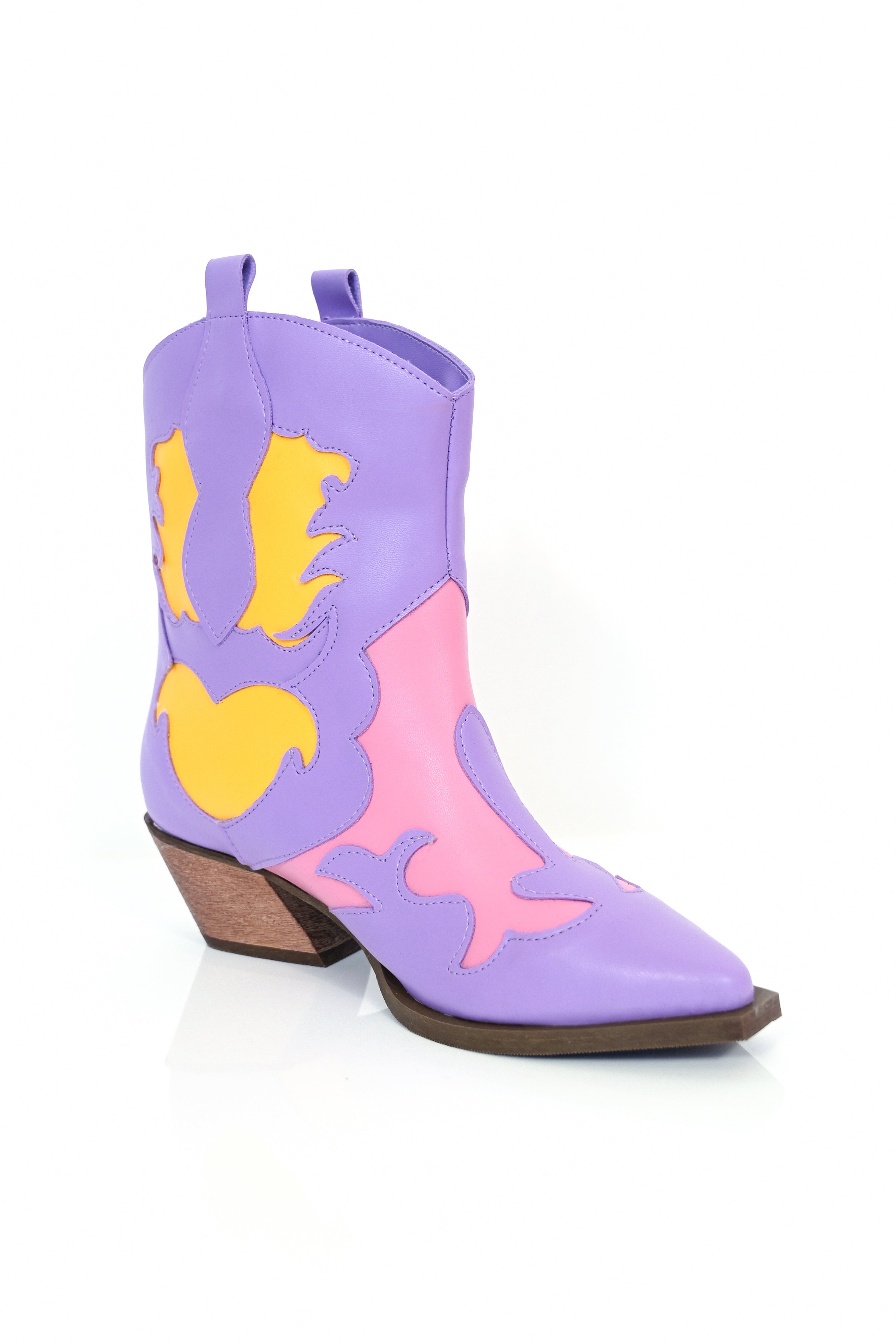 Colorblock lavender, pink, and yellow cowgirl boots
