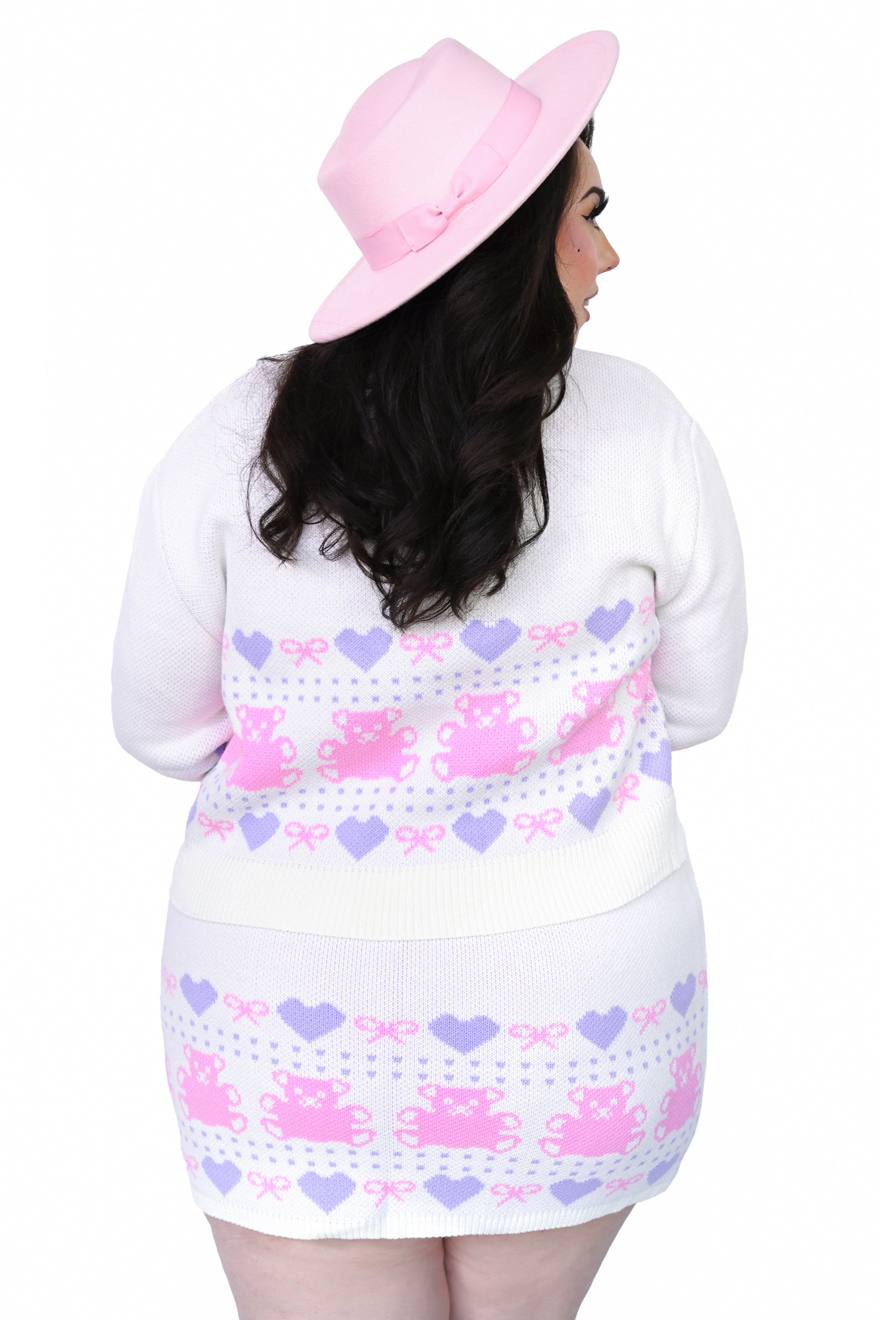 Cream white sweater set with pink and lavender bear and bow print all over. 