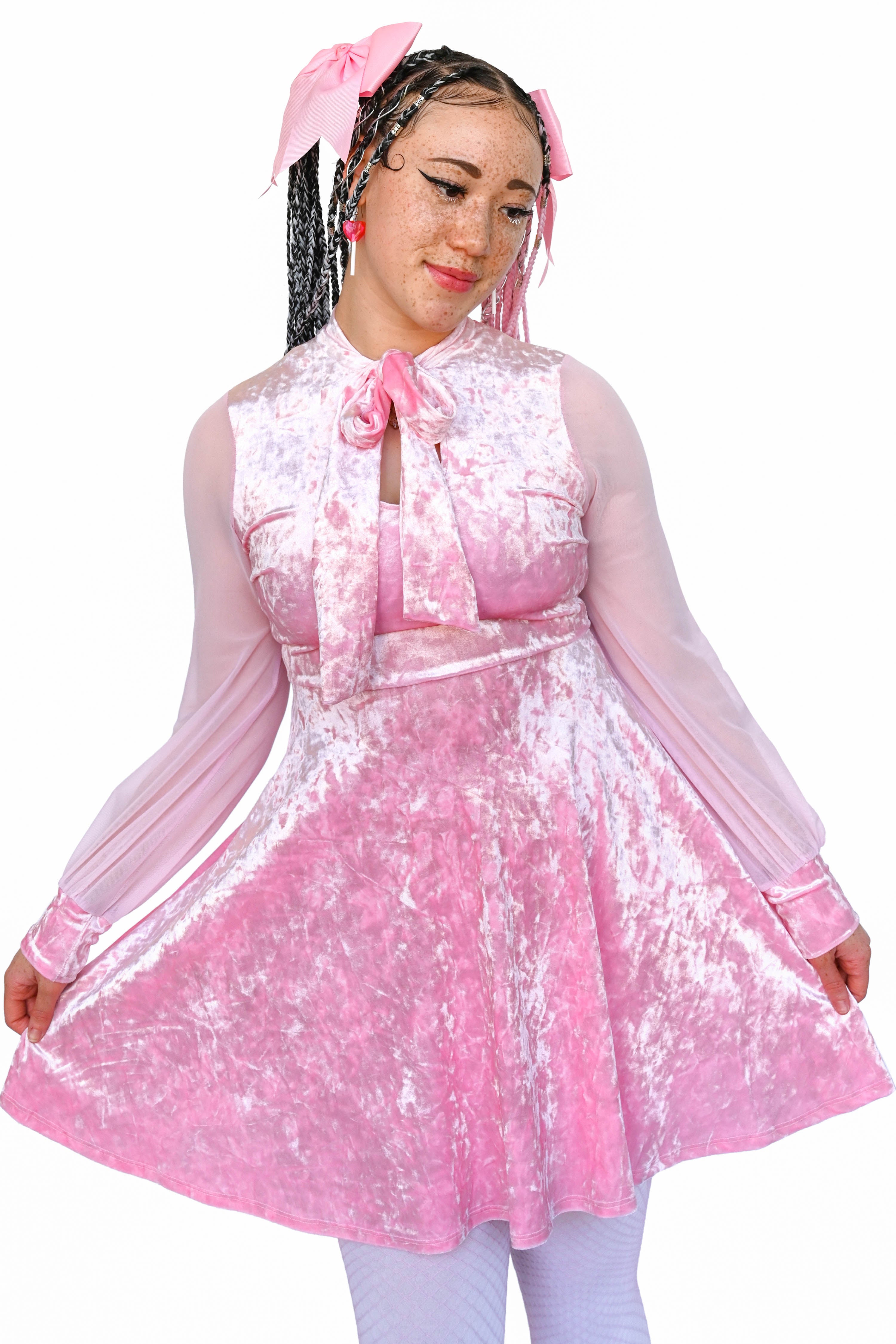 pink velvet dress with pussybow neckline
