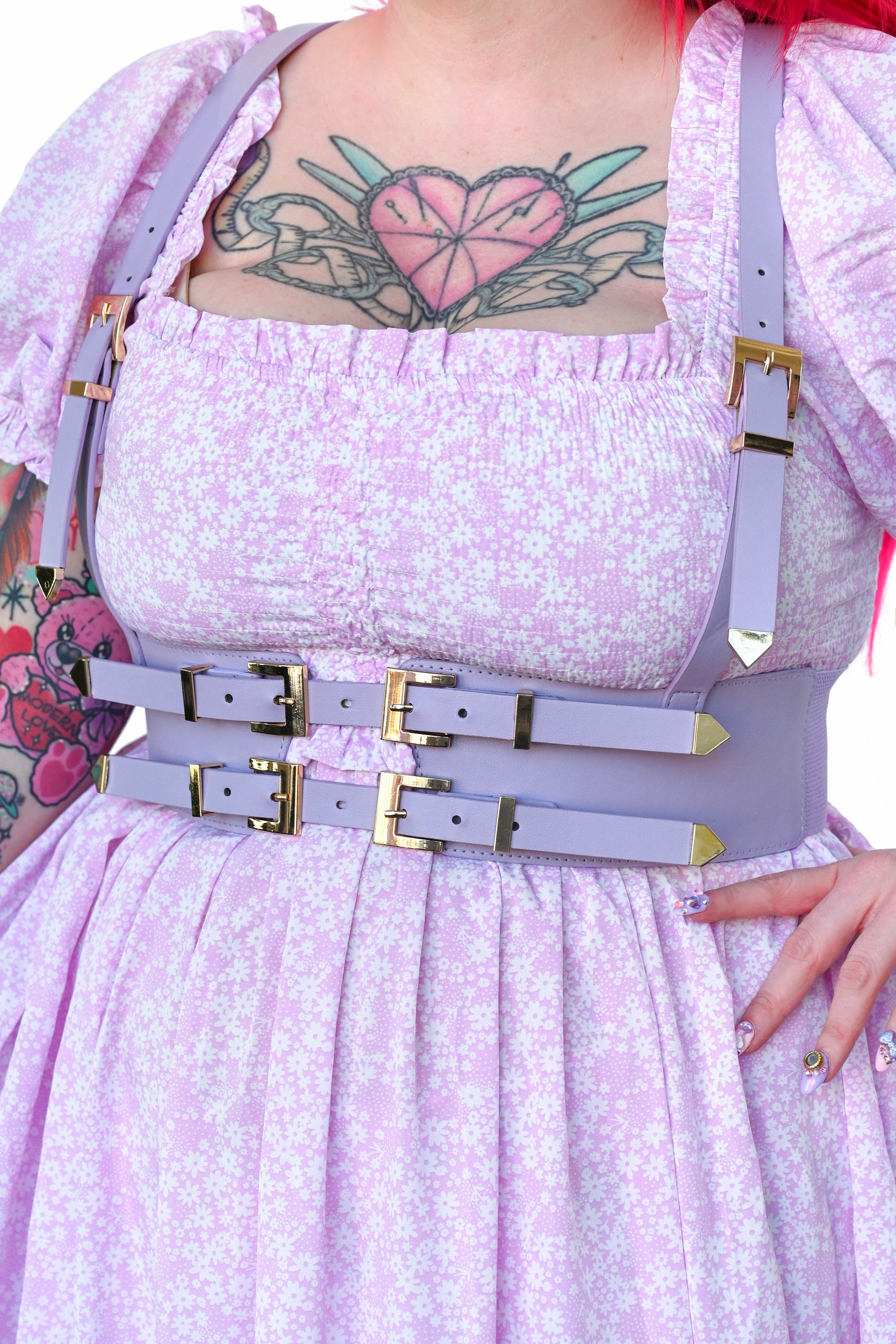 Lavender fully adjustable vegan leather harness with elastic sides