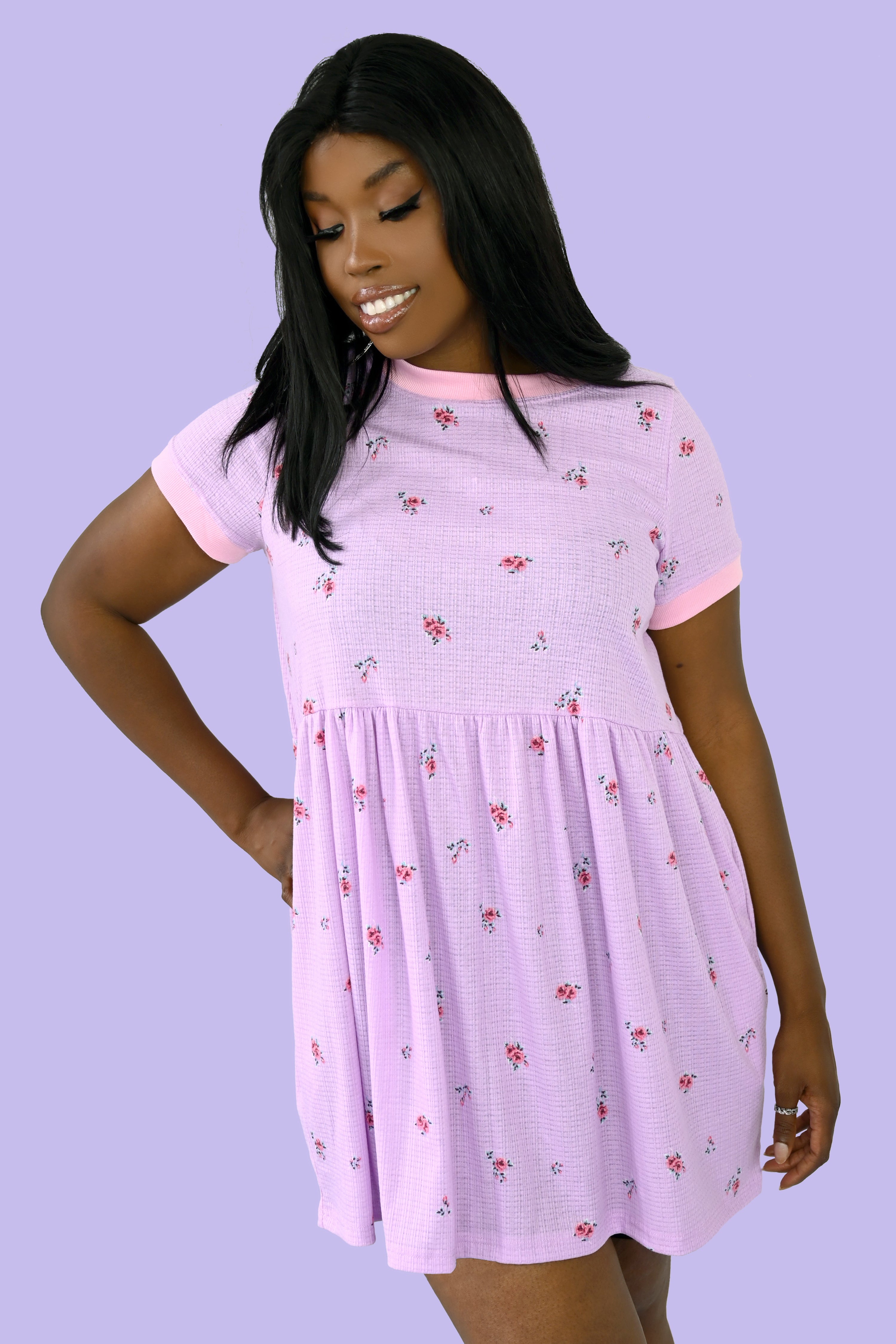 pink baby doll dress with flower print detail